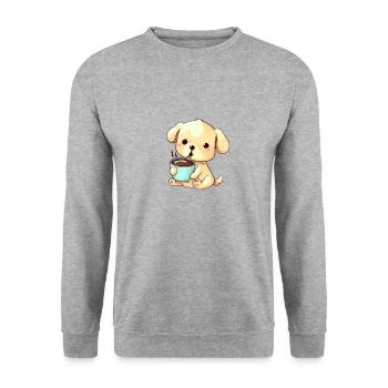 Kaffee trinkender Hund - Unisex Pullover - Weißgrau meliert - Vorne - Alina (178cm) & Michal (187cm)