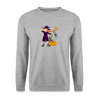 Hexe mit Besen und Katze - Unisex Pullover - Weißgrau meliert - Vorne - Alina (178cm) & Michal (187cm)
