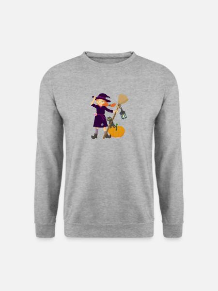 Hexe mit Besen und Katze - Unisex Pullover - Weißgrau meliert