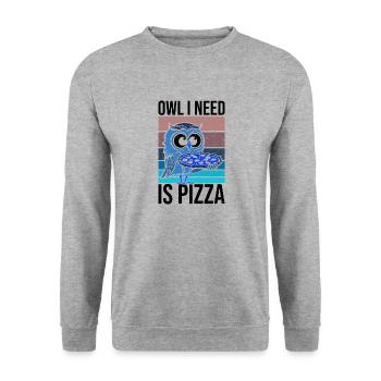 Eule isst Pizza Waldtiere Hobbykoch - Unisex Pullover - Weißgrau meliert - Vorne - Alina (178cm) & Michal (187cm)