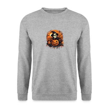 Halloween Skelett Kürbis - Unisex Pullover - Weißgrau meliert - Vorne - Alina (178cm) & Michal (187cm)