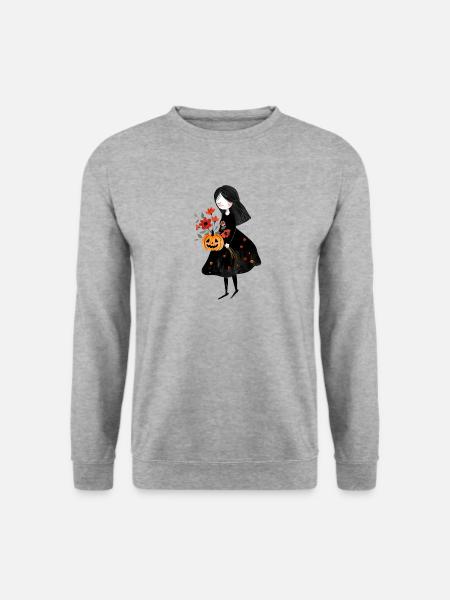 Cute Halloween Girl with Flowers and Pumpkin - Unisex Pullover - Weißgrau meliert