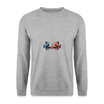 Piranha Paar Fische Valentinstag - Unisex Pullover - Weißgrau meliert - Vorne - Alina (178cm) & Michal (187cm)
