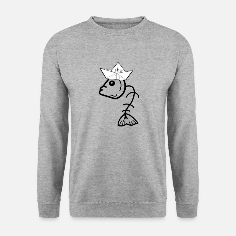 Fisch Gräte Fischkopf Papierhut Moin - Unisex Pullover - Weißgrau meliert