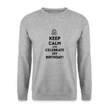 Keep calm and celebrate my birthday - Unisex Pullover - Weißgrau meliert - Vorne - Alina (178cm) & Michal (187cm)