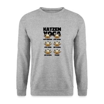 Cat Yoga Katze Katzenliebhaber Meditation Spaß Fun - Unisex Pullover - Weißgrau meliert - Vorne - Alina (178cm) & Michal (187cm)