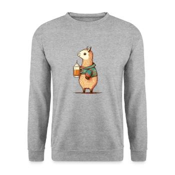 Sweet llama with sweater and beer. Alpaca Gift - Unisex Sweatshirt - salt & pepper - Front - Alina (178cm) & Michal (187cm)