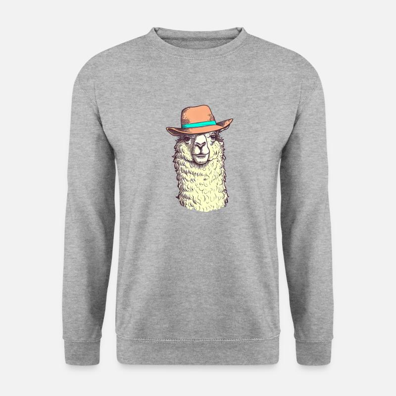Lustiges Hut-Lama - Unisex Pullover - Weißgrau meliert