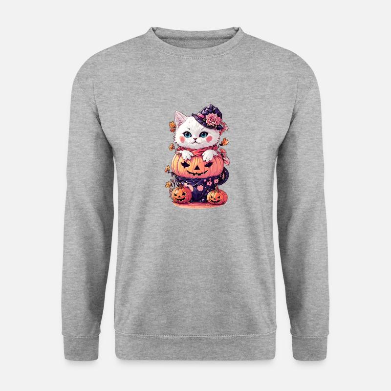 Süße Katze mit Kürbis - Unisex Pullover - Weißgrau meliert