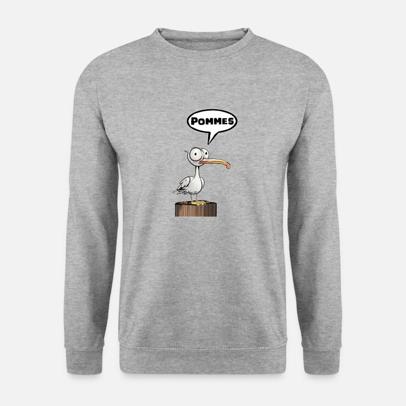 Möwe Sprechblase Pommes lustig - Unisex Pullover - Weißgrau meliert