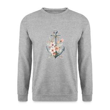 Anker mit Blumenranke - Unisex Pullover - Weißgrau meliert - Vorne - Alina (178cm) & Michal (187cm)