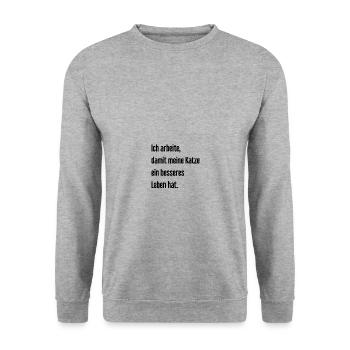 Für ein besseres Katzenleben arbeite ich! - Unisex Pullover - Weißgrau meliert - Vorne - Alina (178cm) & Michal (187cm)