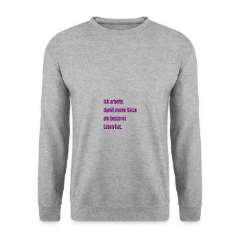 Für ein besseres Katzenleben arbeite ich! - Unisex Pullover - Weißgrau meliert - Vorne - Alina (178cm) & Michal (187cm)
