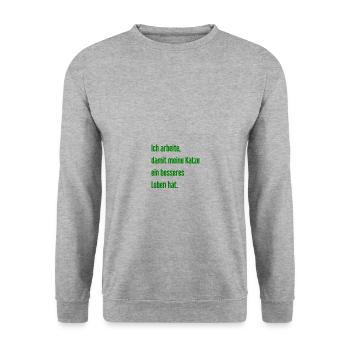 Für ein besseres Katzenleben arbeite ich! - Unisex Pullover - Weißgrau meliert - Vorne - Alina (178cm) & Michal (187cm)