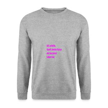 Für ein besseres Katzenleben arbeite ich! - Unisex Pullover - Weißgrau meliert - Vorne - Alina (178cm) & Michal (187cm)