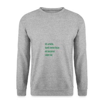 Für ein besseres Katzenleben arbeite ich! - Unisex Pullover - Weißgrau meliert - Vorne - Alina (178cm) & Michal (187cm)