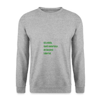 Für ein besseres Katzenleben arbeite ich! - Unisex Pullover - Weißgrau meliert - Vorne - Alina (178cm) & Michal (187cm)