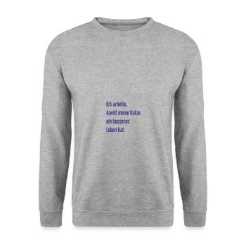 Für ein besseres Katzenleben arbeite ich! - Unisex Pullover - Weißgrau meliert - Vorne - Alina (178cm) & Michal (187cm)
