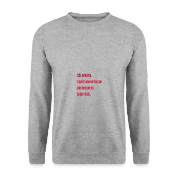 Für ein besseres Katzenleben arbeite ich! - Unisex Pullover - Weißgrau meliert - Vorne - Alina (178cm) & Michal (187cm)