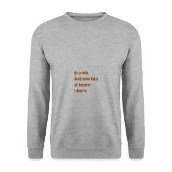 Für ein besseres Katzenleben arbeite ich! - Unisex Pullover - Weißgrau meliert - Vorne - Alina (178cm) & Michal (187cm)