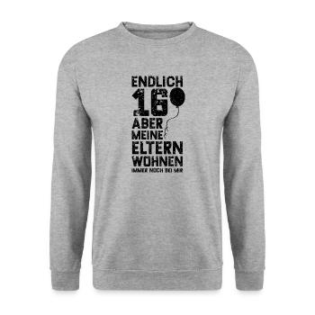 Endlich 16 Aber Meine Eltern Wohnen Immer Noch Bei - Unisex Pullover - Weißgrau meliert - Vorne - Alina (178cm) & Michal (187cm)