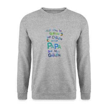 Alle sitzen im Garten/Grillen witziger Spruch - Unisex Pullover - Weißgrau meliert - Vorne - Alina (178cm) & Michal (187cm)