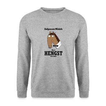 Aufpassen Mädels, der Hengst ist da! - Unisex Pullover - Weißgrau meliert - Vorne - Alina (178cm) & Michal (187cm)