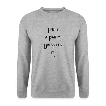 life is a party feiern Spaß lustiger Spruch - Unisex Pullover - Weißgrau meliert - Vorne - Alina (178cm) & Michal (187cm)