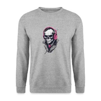 Skelett und Totenkopf.Skeleton and Skull - Unisex Pullover - Weißgrau meliert - Vorne - Alina (178cm) & Michal (187cm)