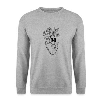 Buchstabe M Herz Schwarze Blumen Anatomie - Unisex Pullover - Weißgrau meliert - Vorne - Alina (178cm) & Michal (187cm)