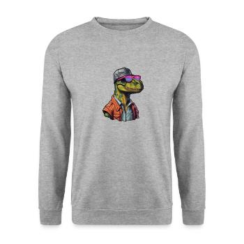 Retro Dino-Style - Unisex Pullover - Weißgrau meliert - Vorne - Alina (178cm) & Michal (187cm)