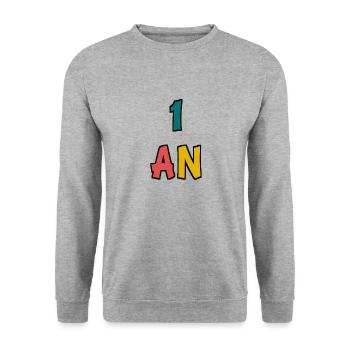 1 AN. 1er ANNIVERSAIRE. ANNIVERSAIRE 1 AN. BEBE - Sweat-shirt Unisexe - gris chiné - Devant - Alina (178cm) & Michal (187cm)