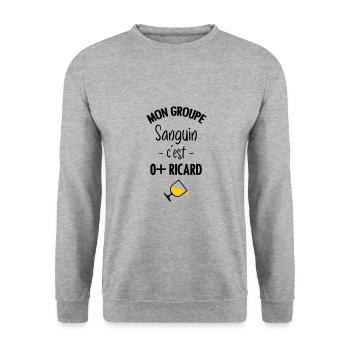Mon groupe sanguin c'est O+ Pastis - Sweat-shirt Unisexe - gris chiné - Devant - Alina (178cm) & Michal (187cm)