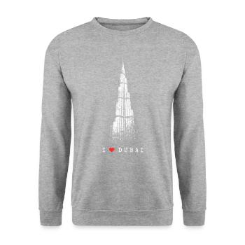 Dubai Burj Khalifa Vintage Herz I Love Emirat VAE - Unisex Pullover - Weißgrau meliert - Vorne - Alina (178cm) & Michal (187cm)