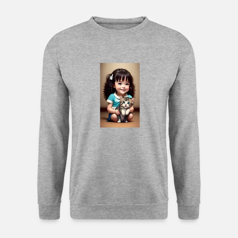 fröhliches Mädchen mit Kätzchen - Unisex Pullover - Weißgrau meliert