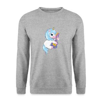 Niedliches Baby-Einhorn spielt Gitarre - Unisex Pullover - Weißgrau meliert - Vorne - Alina (178cm) & Michal (187cm)
