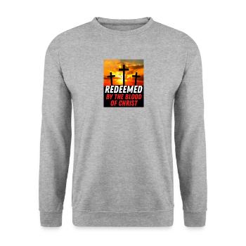 Erlöst durch das Blut Christi - Christliches Zitat - Unisex Pullover - Weißgrau meliert - Vorne - Alina (178cm) & Michal (187cm)