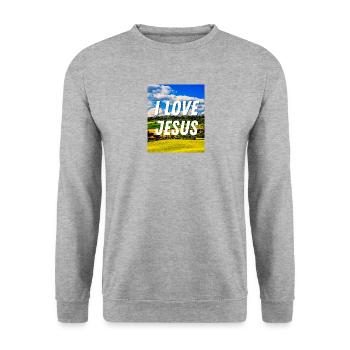 J’aime Jésus - Citation chrétienne - Sweat-shirt Unisexe - gris chiné - Devant - Alina (178cm) & Michal (187cm)