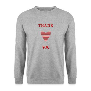 DANKE. THANKS. THANK YOU. - GEBURTSTAG. GEBURT. - Unisex Pullover - Weißgrau meliert - Vorne - Alina (178cm) & Michal (187cm)