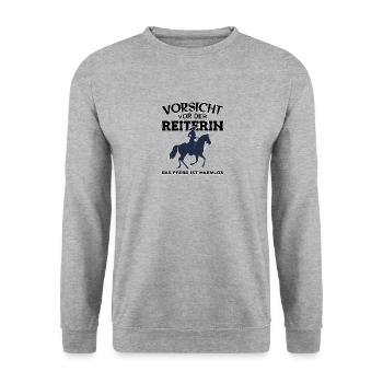Vorsicht vor der Reiterin, das Pferd ist harmlos - Unisex Pullover - Weißgrau meliert - Vorne - Alina (178cm) & Michal (187cm)