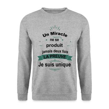 Citation Drôle • Je suis Unique • Miracle Cadeaux - Sweat-shirt Unisexe - gris chiné - Devant - Alina (178cm) & Michal (187cm)