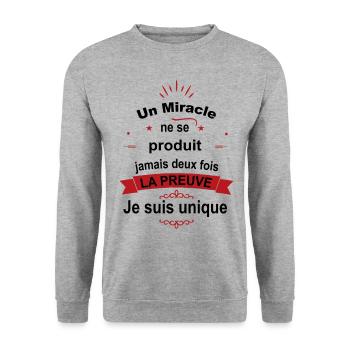 Citation Drôle • Je suis Unique • Miracle Cadeaux - Sweat-shirt Unisexe - gris chiné - Devant - Alina (178cm) & Michal (187cm)