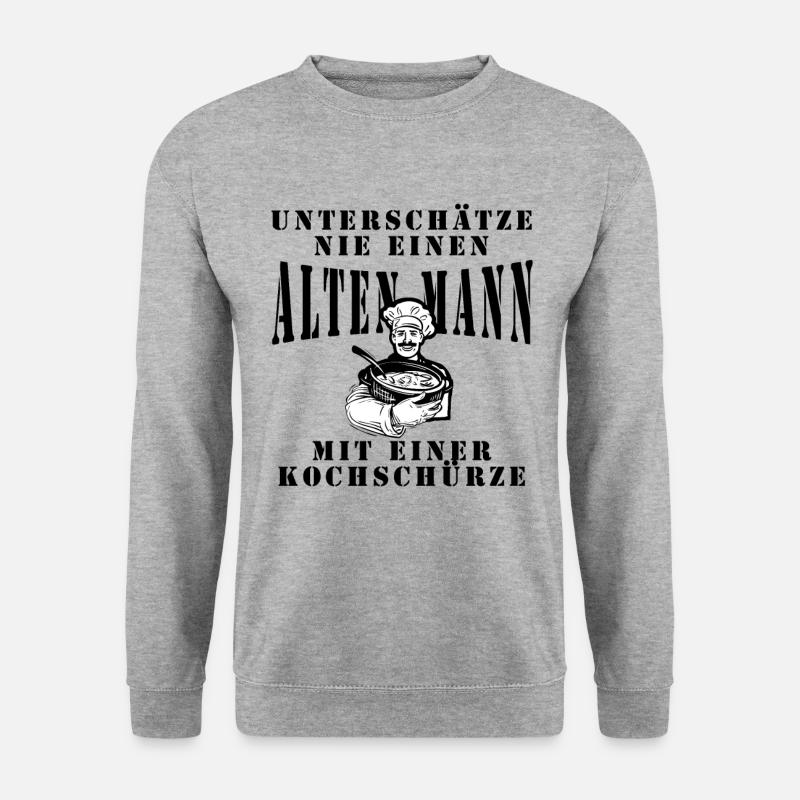 Alter Mann mit Kochschürze, Unterschätze Niemals - Unisex Pullover - Weißgrau meliert