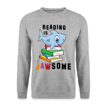 Reading Is Jawsome | Buch Lesen Wortspiel Geschenk - Unisex Pullover - Weißgrau meliert - Vorne - Alina (178cm) & Michal (187cm)