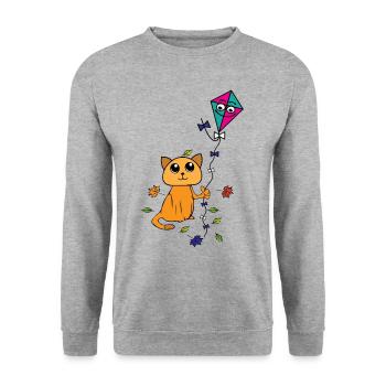 Katze lässt im Frühling , Herbst Drachen steigen - Unisex Pullover - Weißgrau meliert - Vorne - Alina (178cm) & Michal (187cm)