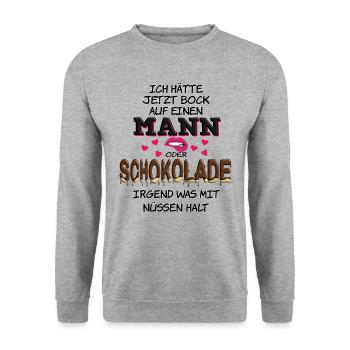 Ich hätte jetzt Bock auf Mann oder Schokolade - Unisex Pullover - Weißgrau meliert - Vorne - Alina (178cm) & Michal (187cm)