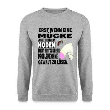 Hoden Eier Mücke Stich Gewalt Problem Spruch - Unisex Pullover - Weißgrau meliert - Vorne - Alina (178cm) & Michal (187cm)