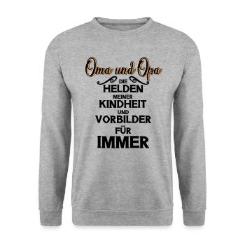 Oma Opa Kindheit Vorbilder Helden - Unisex Pullover - Weißgrau meliert - Vorne - Alina (178cm) & Michal (187cm)
