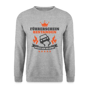 Auto Fahranfänger Geschenk Führerschein Bestanden - Unisex Pullover - Weißgrau meliert - Vorne - Alina (178cm) & Michal (187cm)