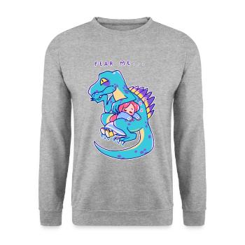 verliebtes Mädchen schläft auf einem Dinosaurier - Unisex Pullover - Weißgrau meliert - Vorne - Alina (178cm) & Michal (187cm)